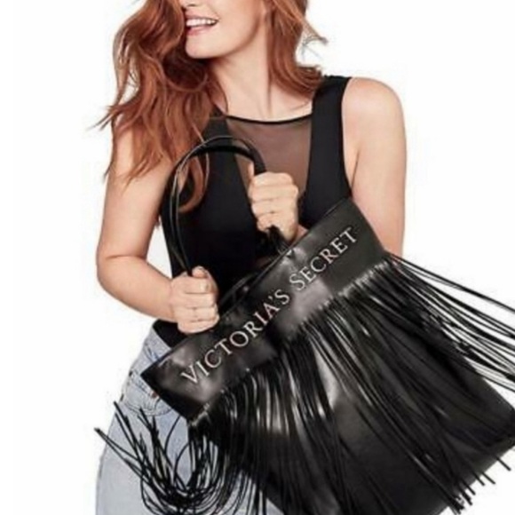 Victoria’s Secret Black Vegan Leather Fringed Tote NWT - Picture 1 of 11